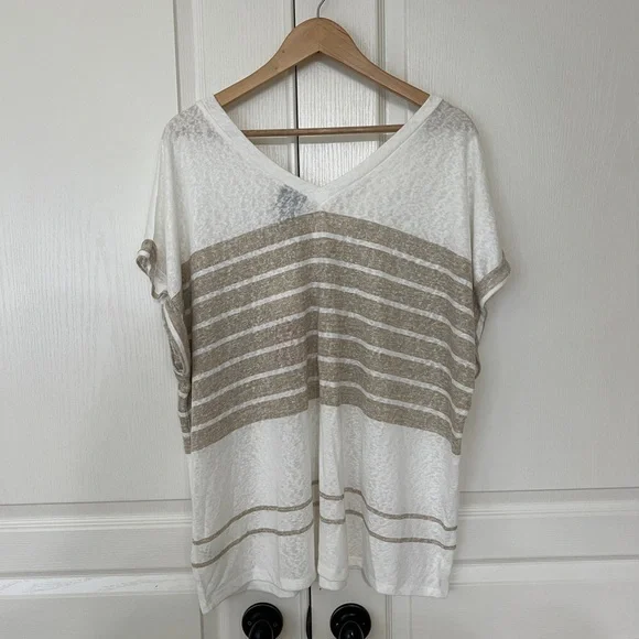 Bobeau Ivory and Light Taupe Striped Short Sleeve Tee - Size XXL - Picture 4 of 6